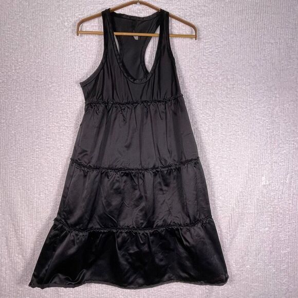 Poleci Black Scoop Neck Sleeveless Racerback Ruffle Tiered Silk Dress Size 4 - Picture 1 of 8
